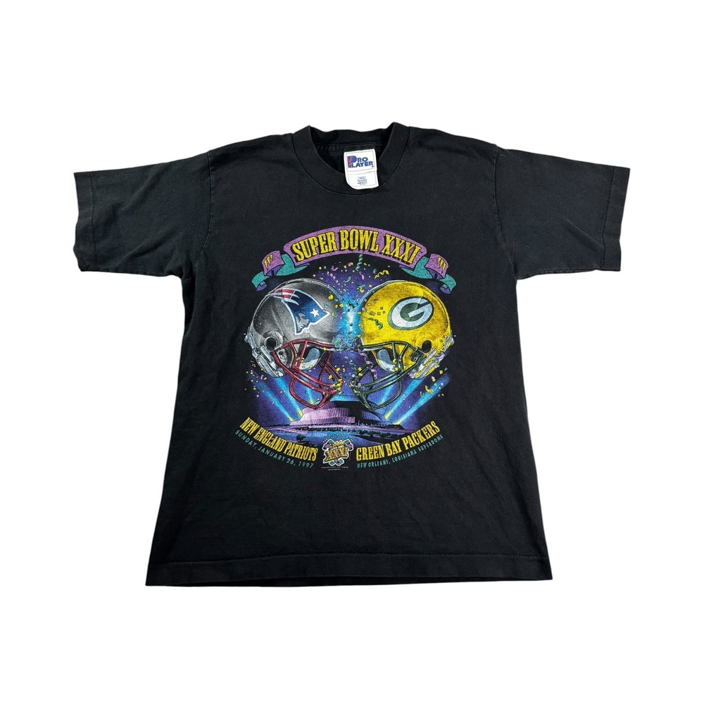 Vintage 1997 Super Bowl XXXI Kids T Shirt Patriots vs Packers Pro Player Black L